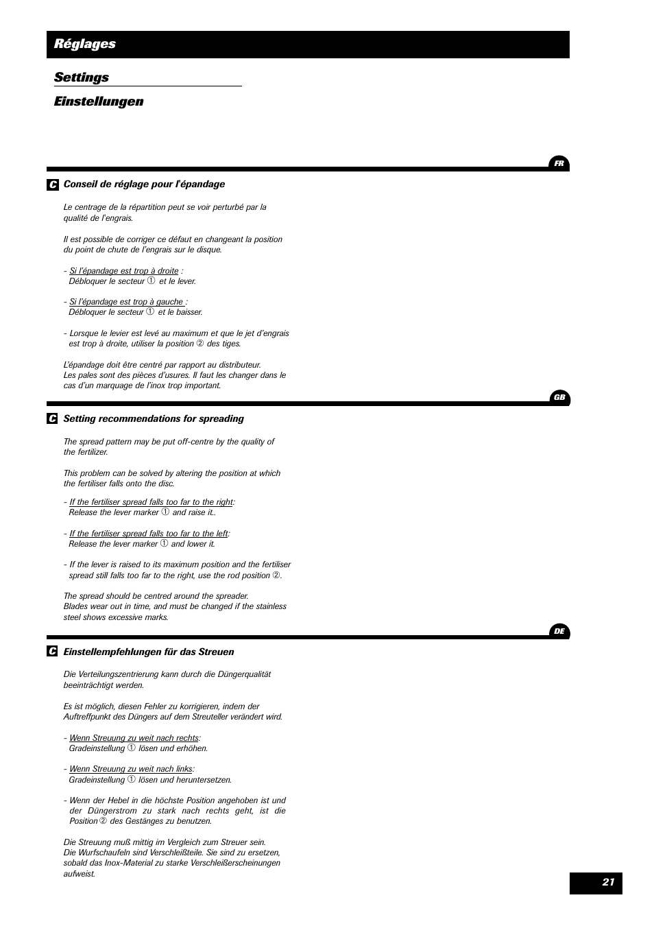 Réglages settings einstellungen | Sulky Monorotor C User Manual | Page 23 / 31