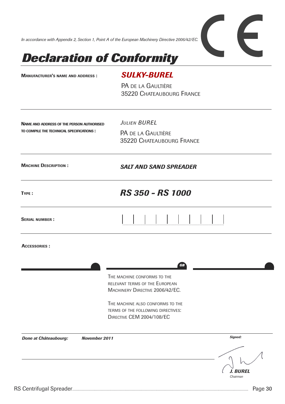 Declaration of conformity, Sulky-burel | Sulky RS 350 - 1000 User Manual | Page 32 / 86