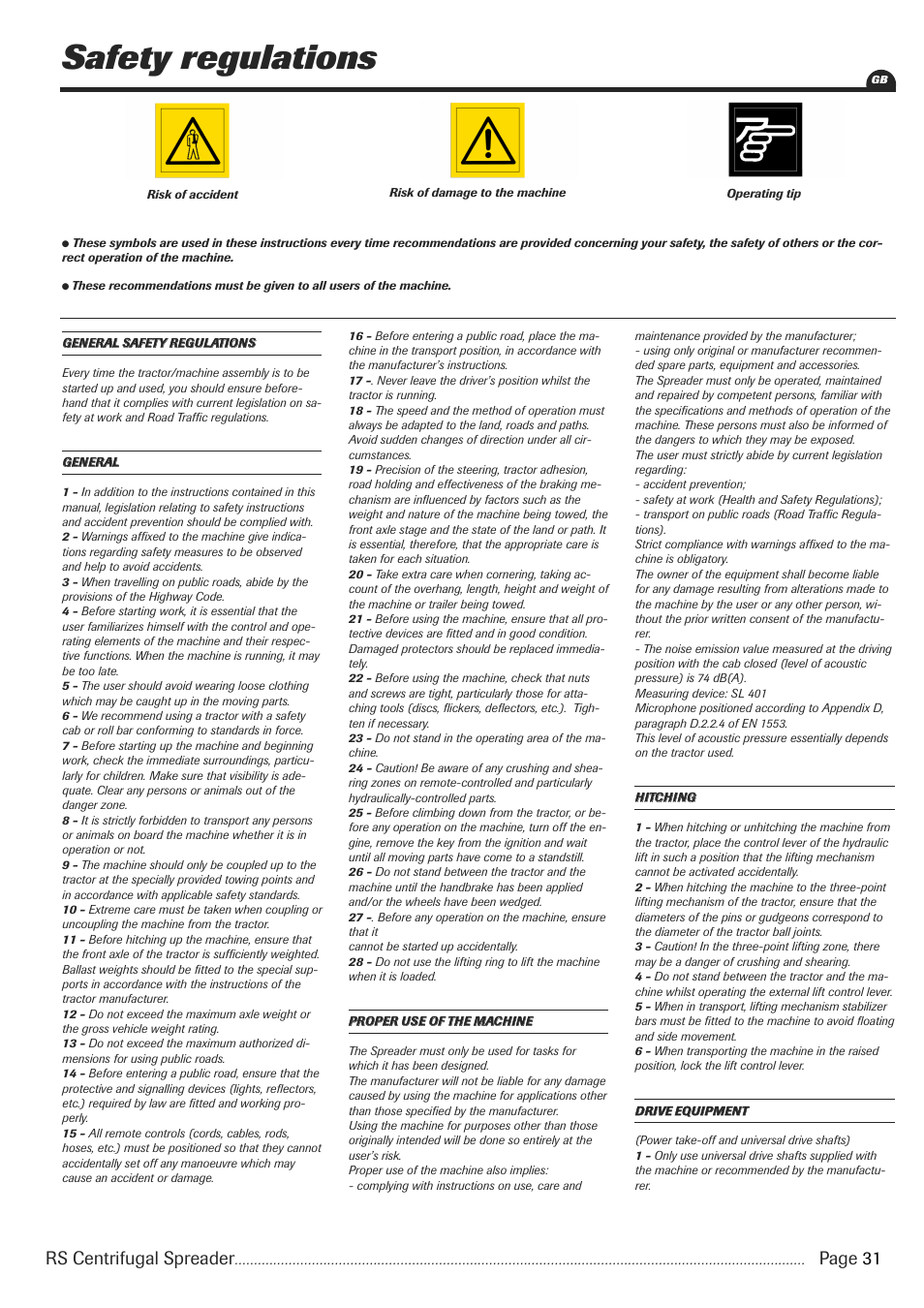 Safety regulations | Sulky RS 350 - 1000 User Manual | Page 33 / 86