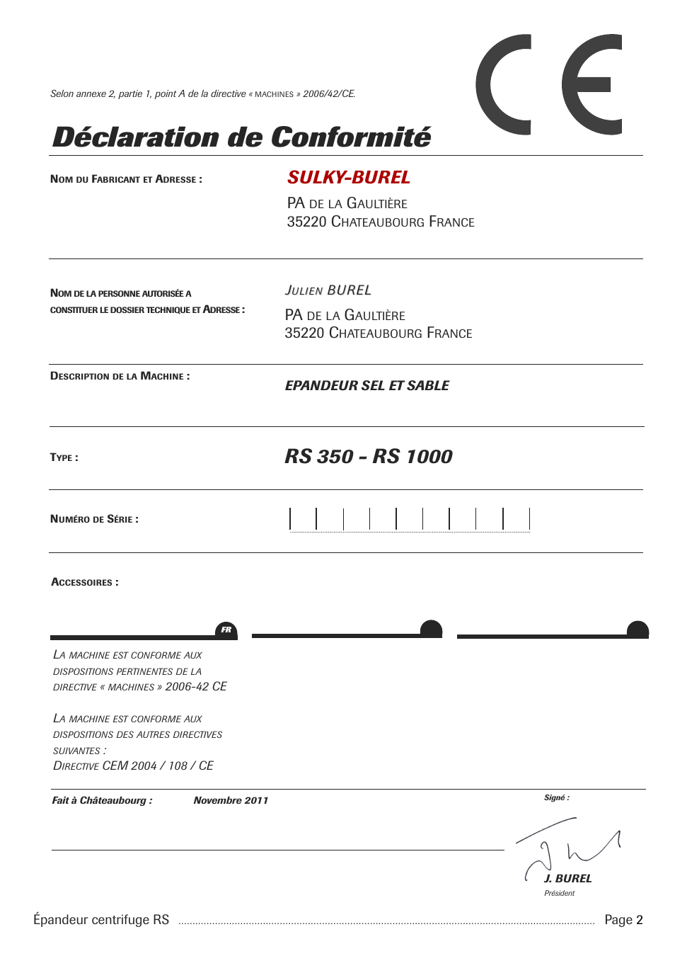 Déclaration de conformité, Sulky-burel | Sulky RS 350 - 1000 User Manual | Page 4 / 86