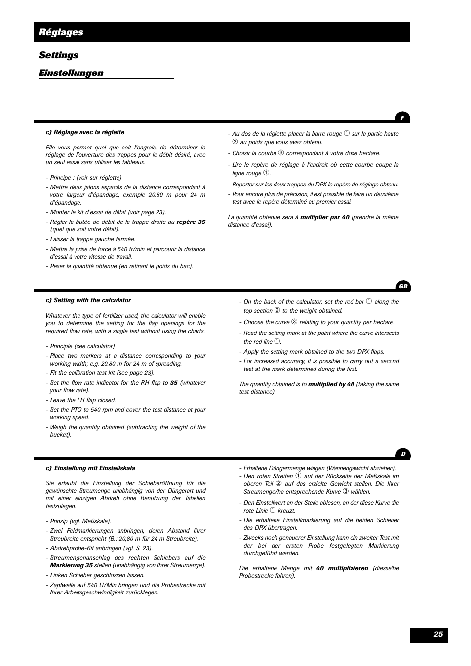 Réglages settings einstellungen | Sulky DPX 05 User Manual | Page 27 / 197