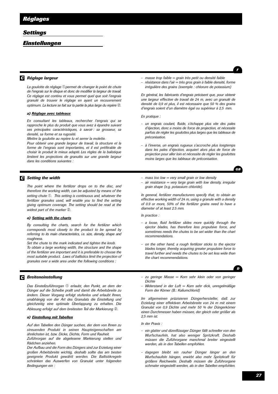 Réglages settings einstellungen | Sulky DPX 05 User Manual | Page 29 / 197