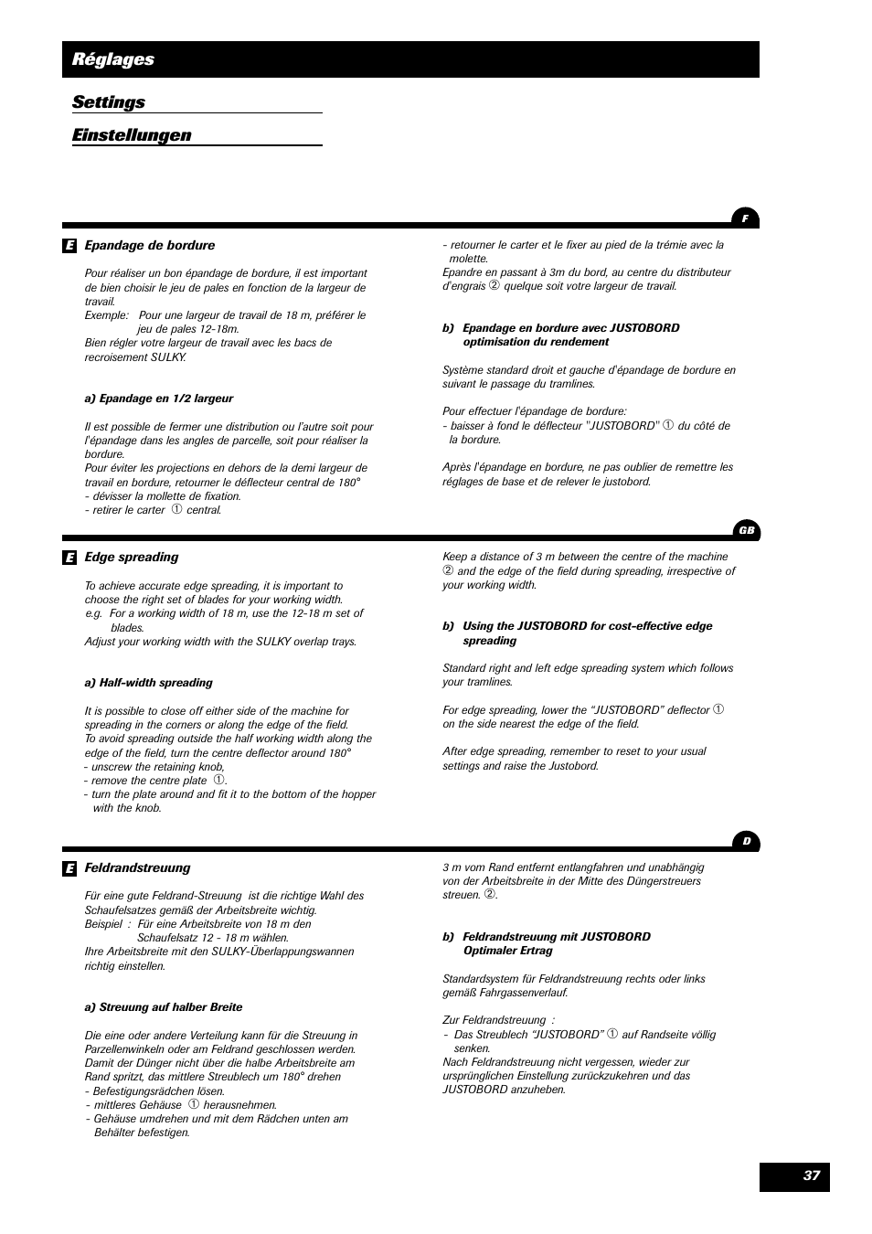 Réglages settings einstellungen | Sulky DPX 05 User Manual | Page 39 / 197