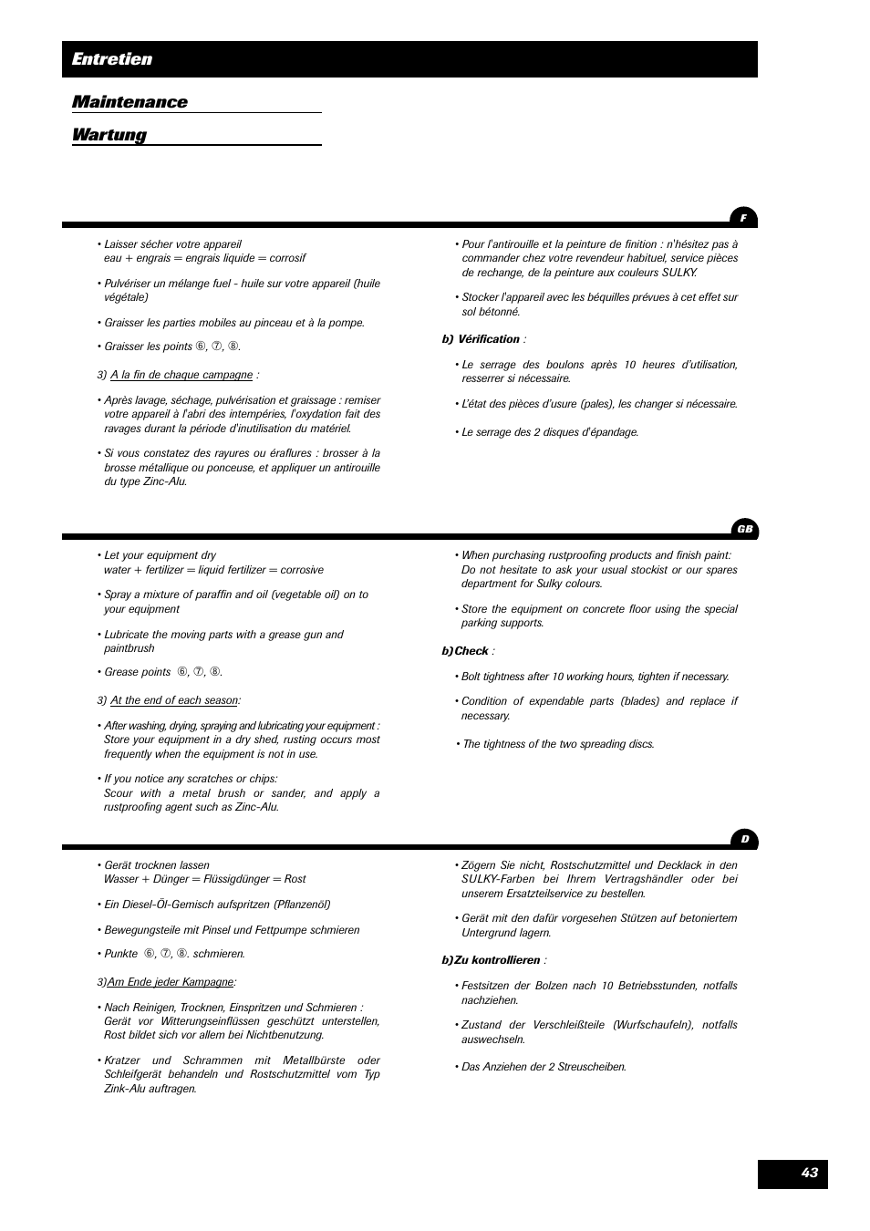 Entretien maintenance wartung | Sulky DPX 05 User Manual | Page 45 / 197