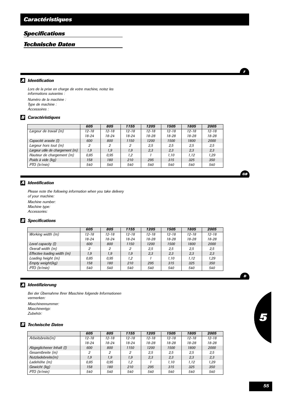 Caractéristiques specifications technische daten | Sulky DPX 05 User Manual | Page 57 / 197