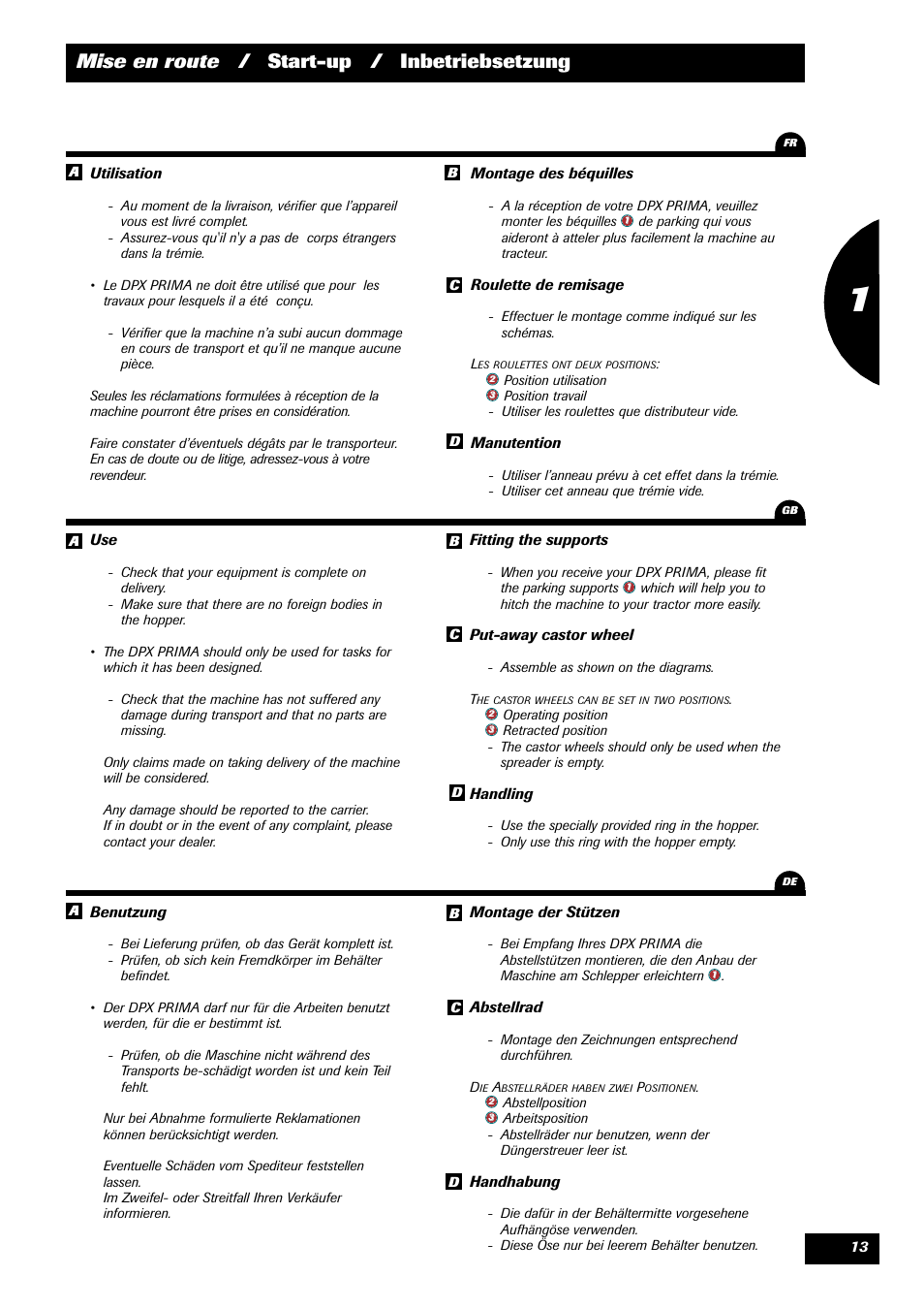 Mise en route / start-up / inbetriebsetzung | Sulky DPX Prima User Manual | Page 15 / 91