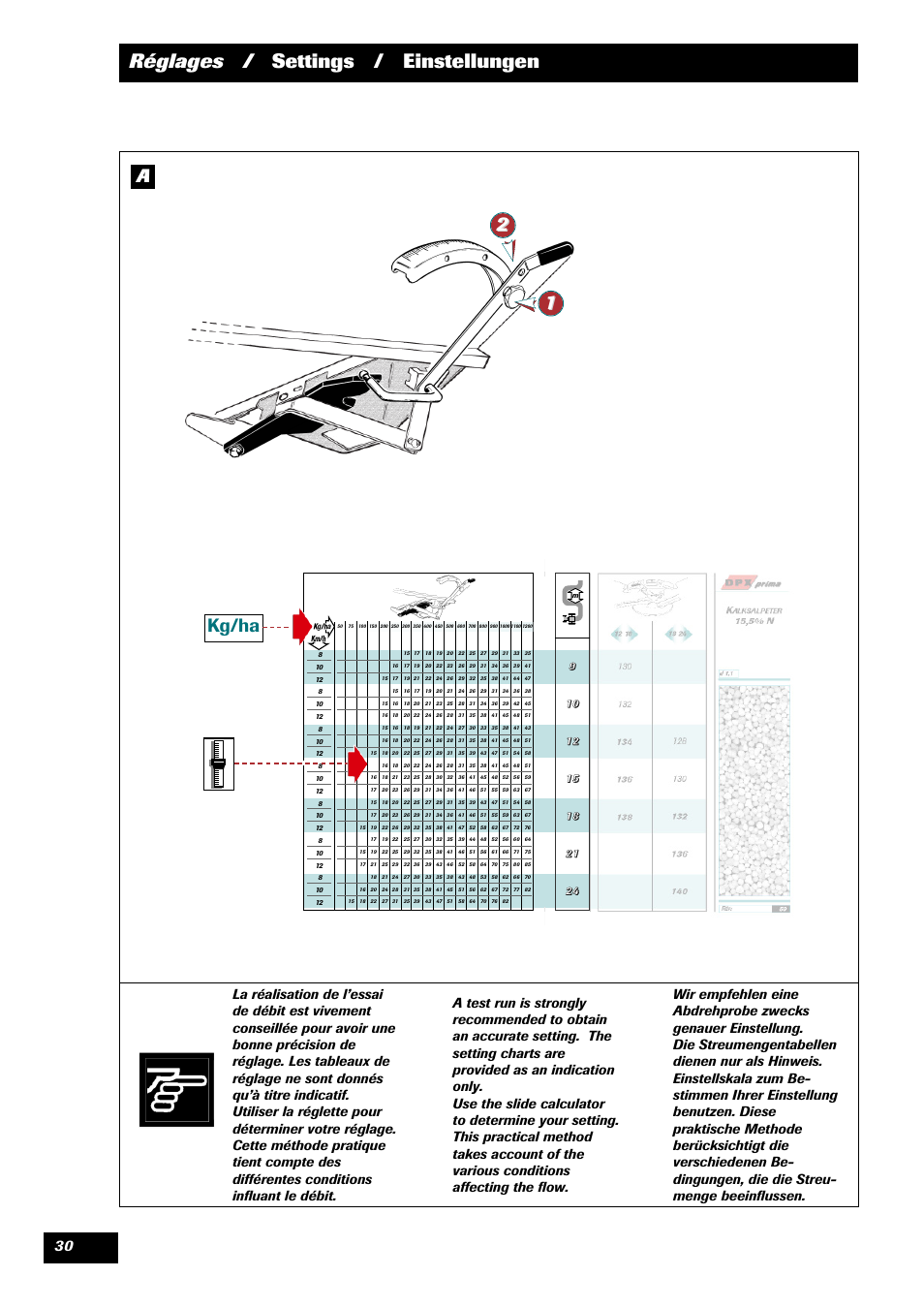 Réglages / settings / einstellungen, Kg/ha | Sulky DPX Prima User Manual | Page 32 / 91