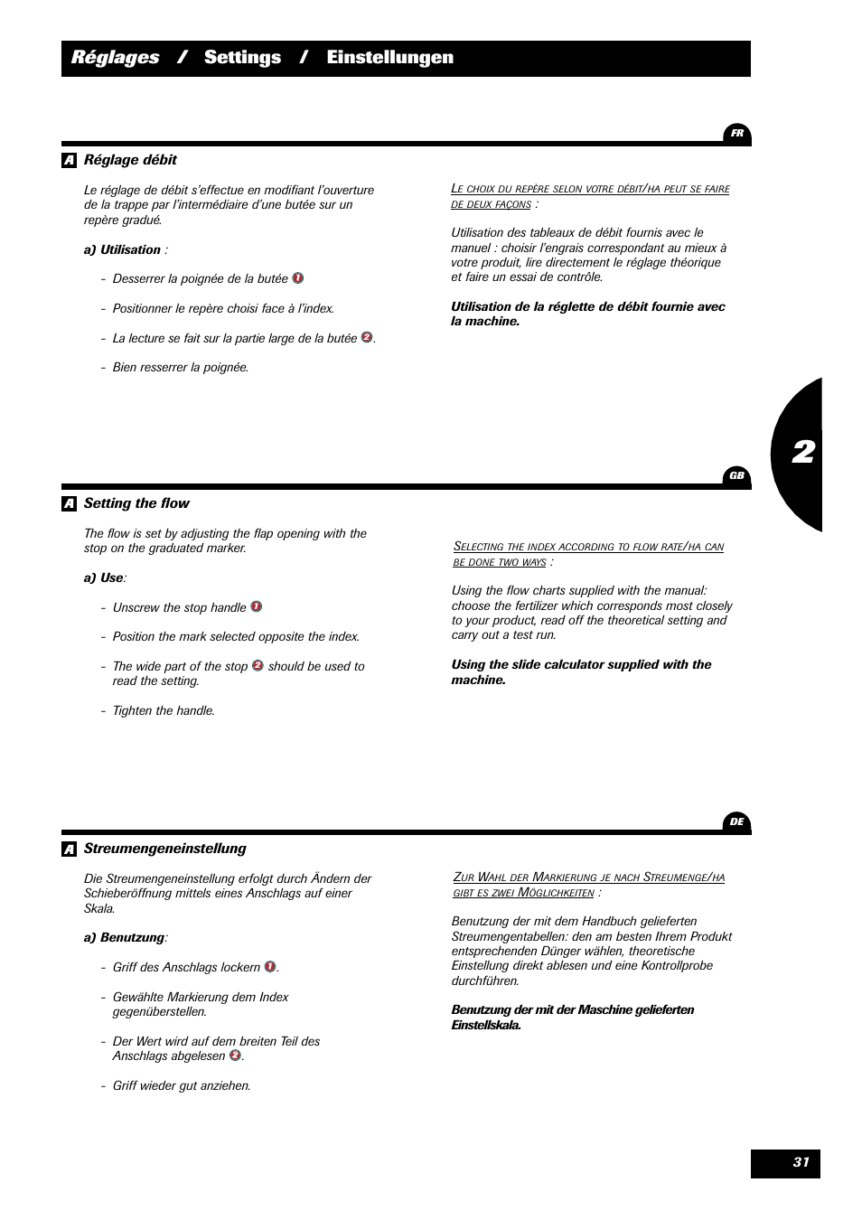 Réglages / settings / einstellungen | Sulky DPX Prima User Manual | Page 33 / 91