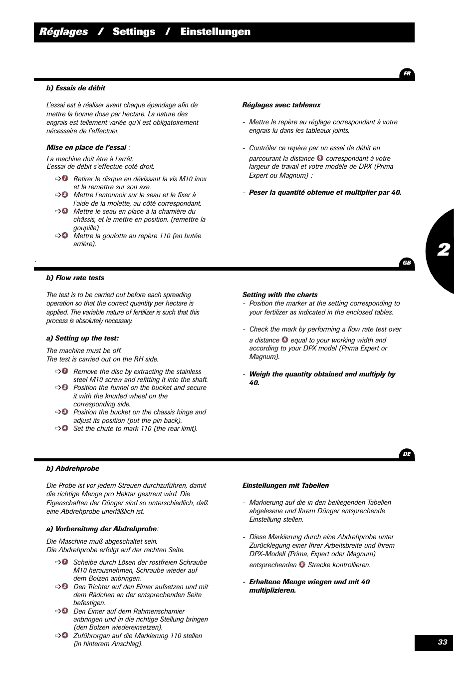 Réglages / settings / einstellungen | Sulky DPX Prima User Manual | Page 35 / 91