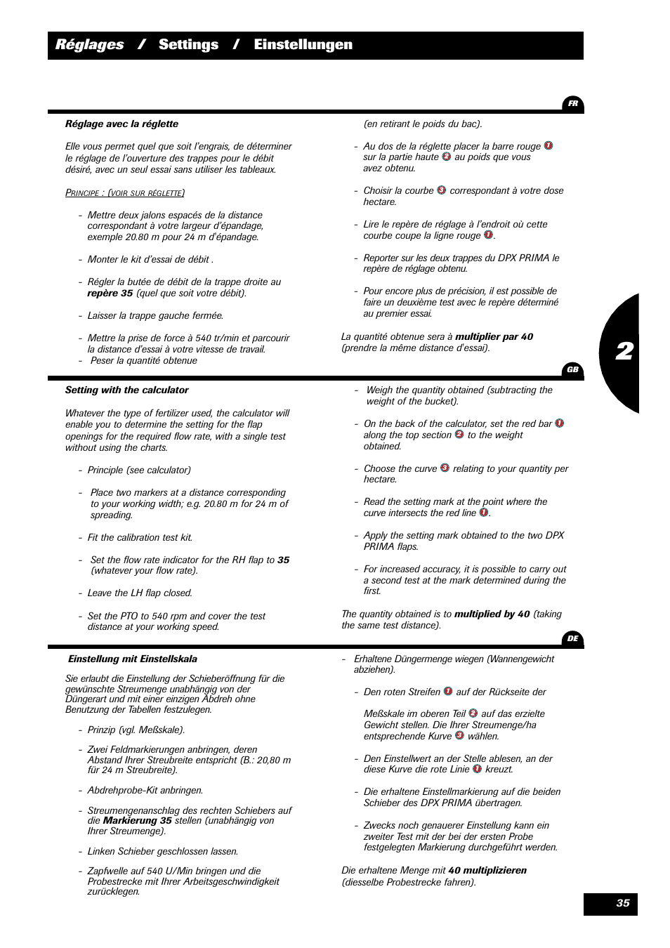 Réglages / settings / einstellungen | Sulky DPX Prima User Manual | Page 37 / 91