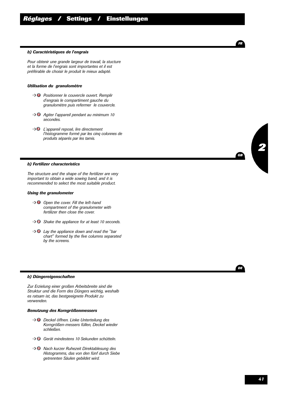 Réglages / settings / einstellungen | Sulky DPX Prima User Manual | Page 43 / 91