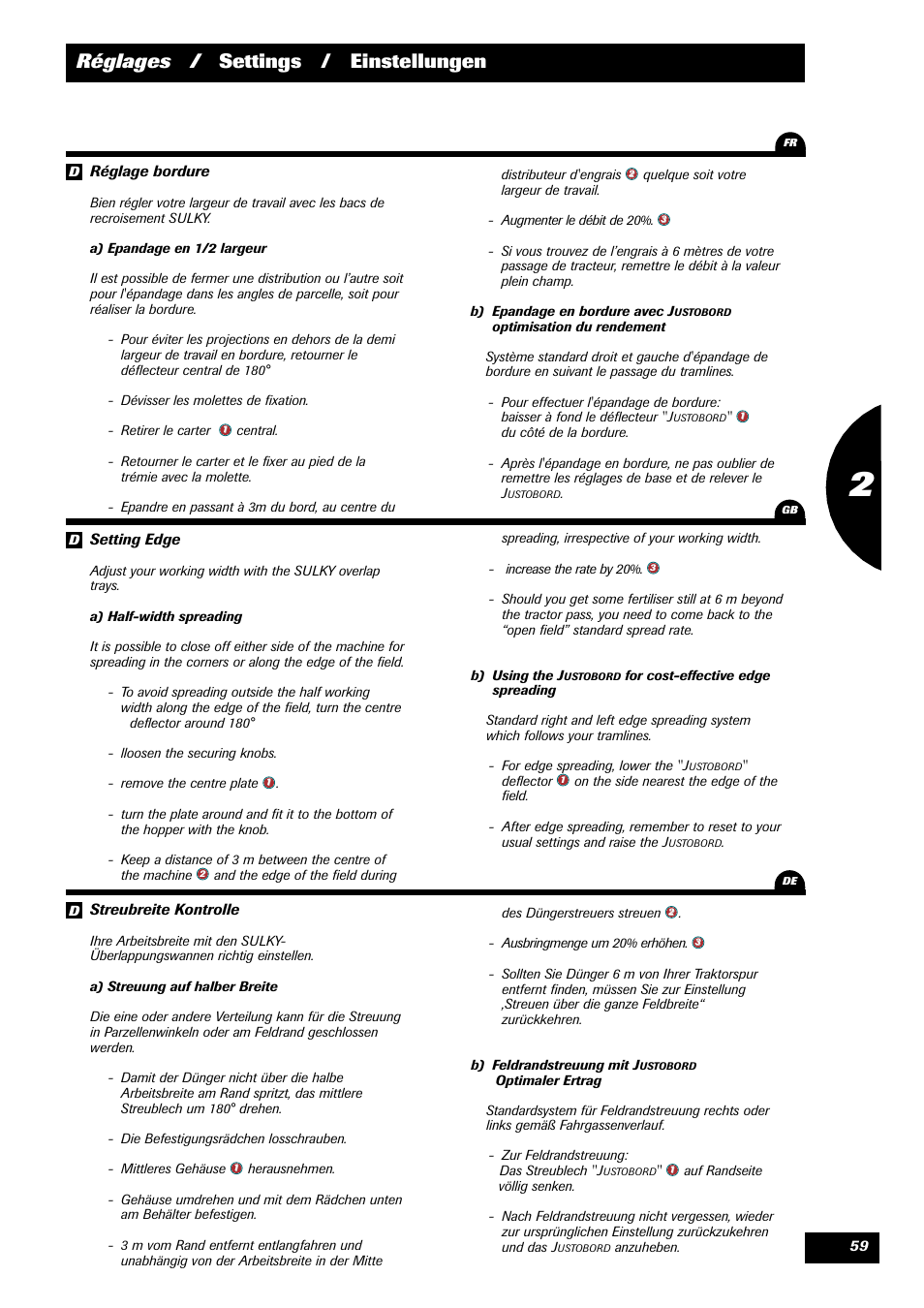 Réglages / settings / einstellungen | Sulky DPX Prima User Manual | Page 61 / 91