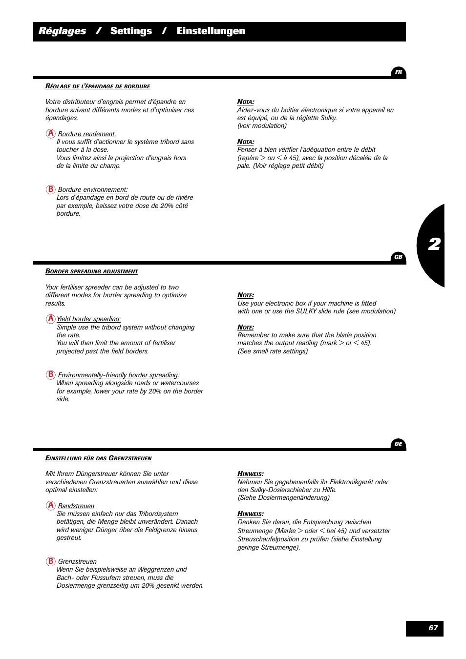 Réglages / settings / einstellungen | Sulky DPX Prima User Manual | Page 69 / 91