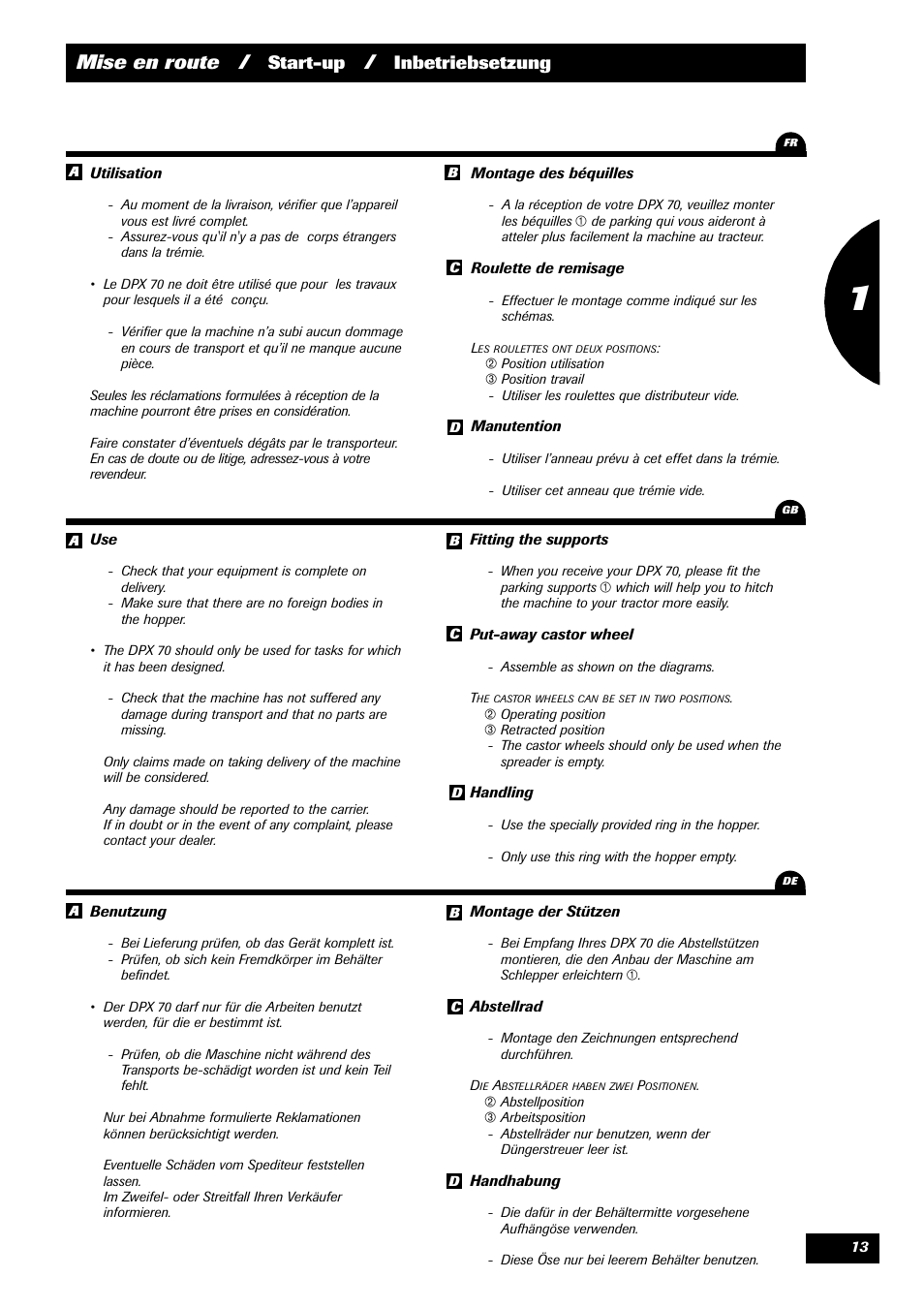 Mise en route, Start-up, Inbetriebsetzung 1 | Sulky 70 years series DPX User Manual | Page 15 / 81