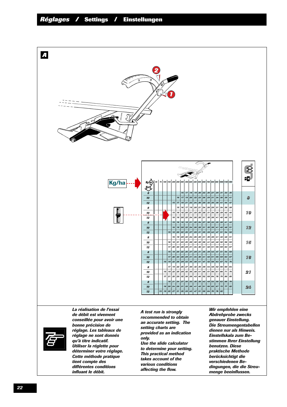 Réglages, Settings, Einstellungen a | Kg/ha | Sulky 70 years series DPX User Manual | Page 24 / 81