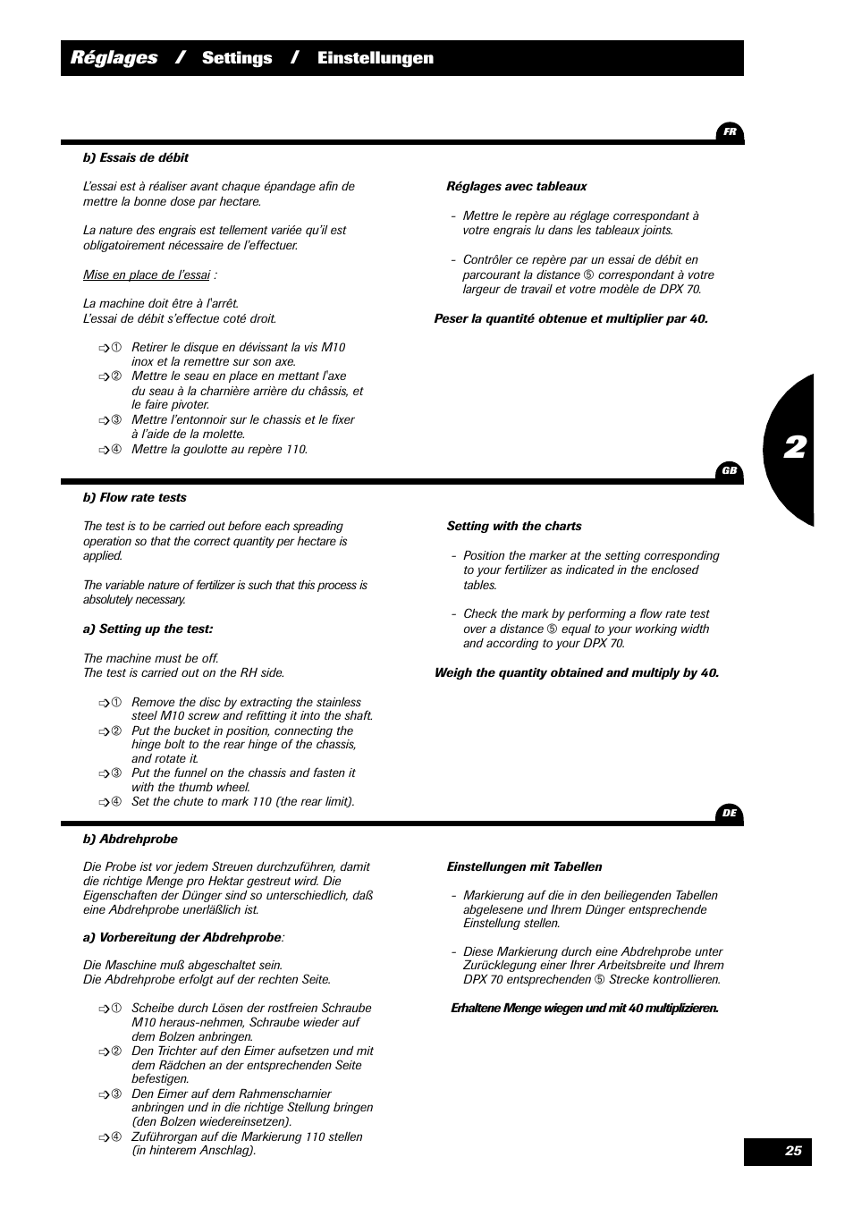 Réglages, Settings, Einstellungen | Sulky 70 years series DPX User Manual | Page 27 / 81