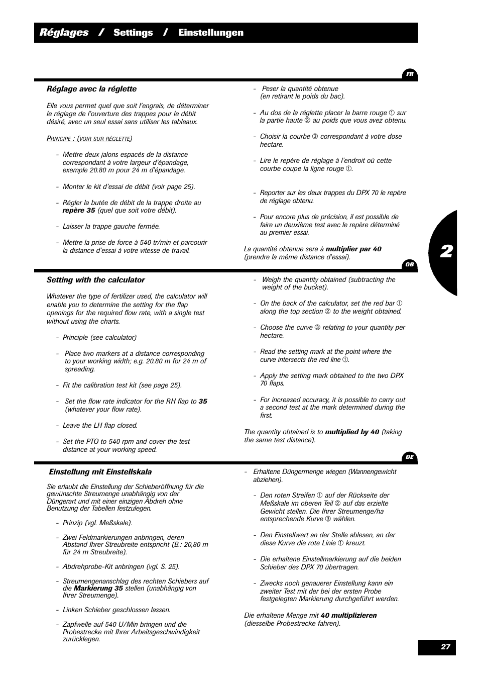 Réglages, Settings, Einstellungen | Sulky 70 years series DPX User Manual | Page 29 / 81