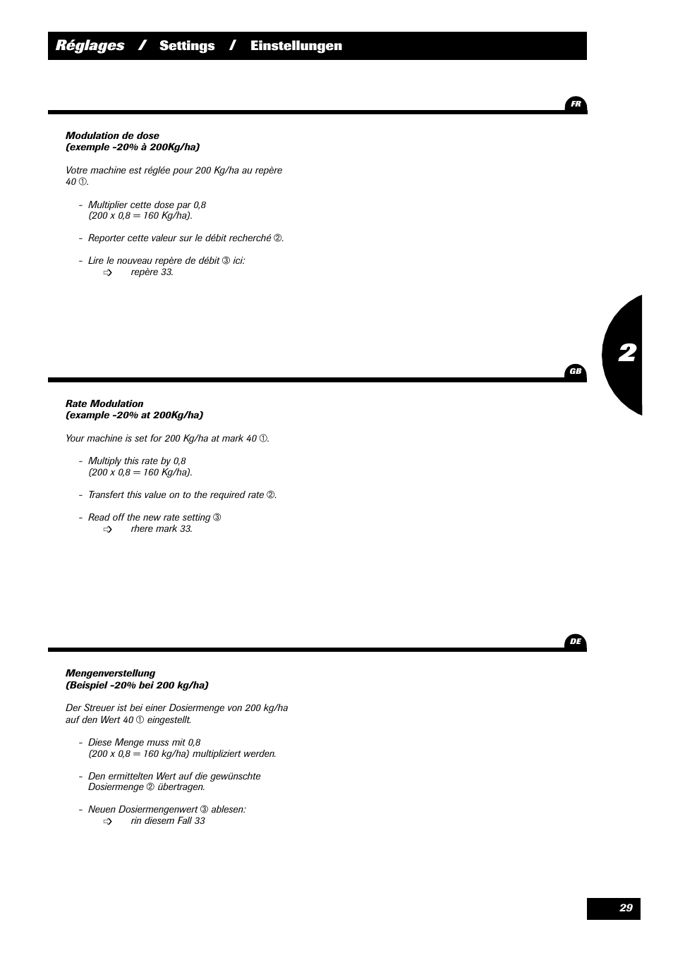 Réglages, Settings, Einstellungen | Sulky 70 years series DPX User Manual | Page 31 / 81