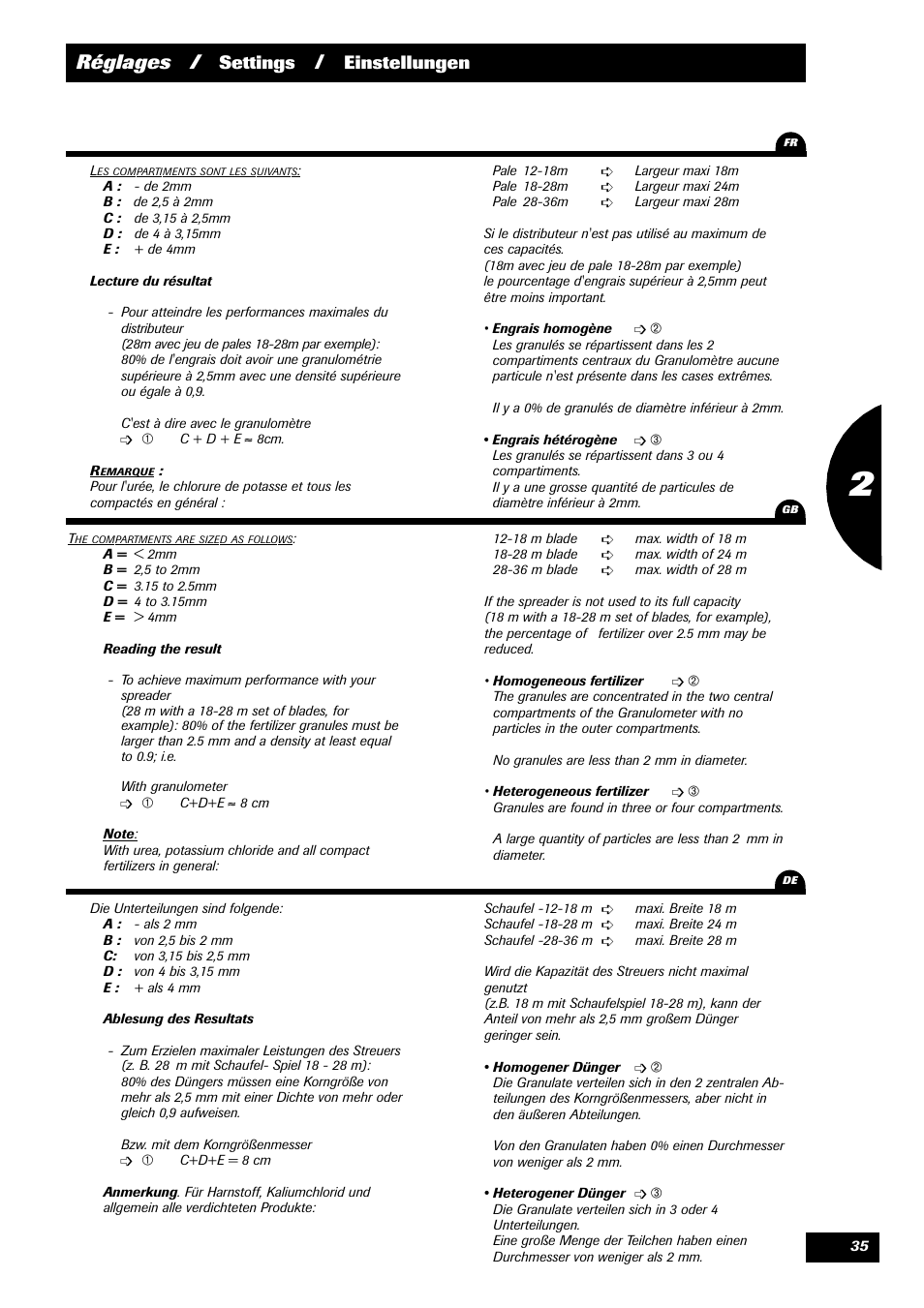 Réglages, Settings, Einstellungen | Sulky 70 years series DPX User Manual | Page 37 / 81