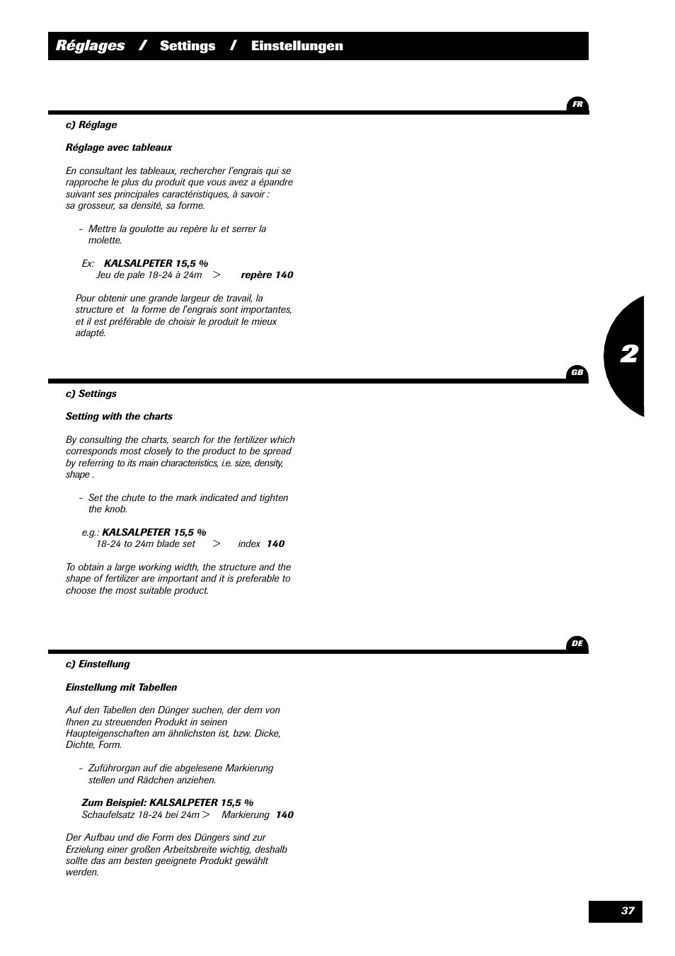 Réglages, Settings, Einstellungen | Sulky 70 years series DPX User Manual | Page 39 / 81