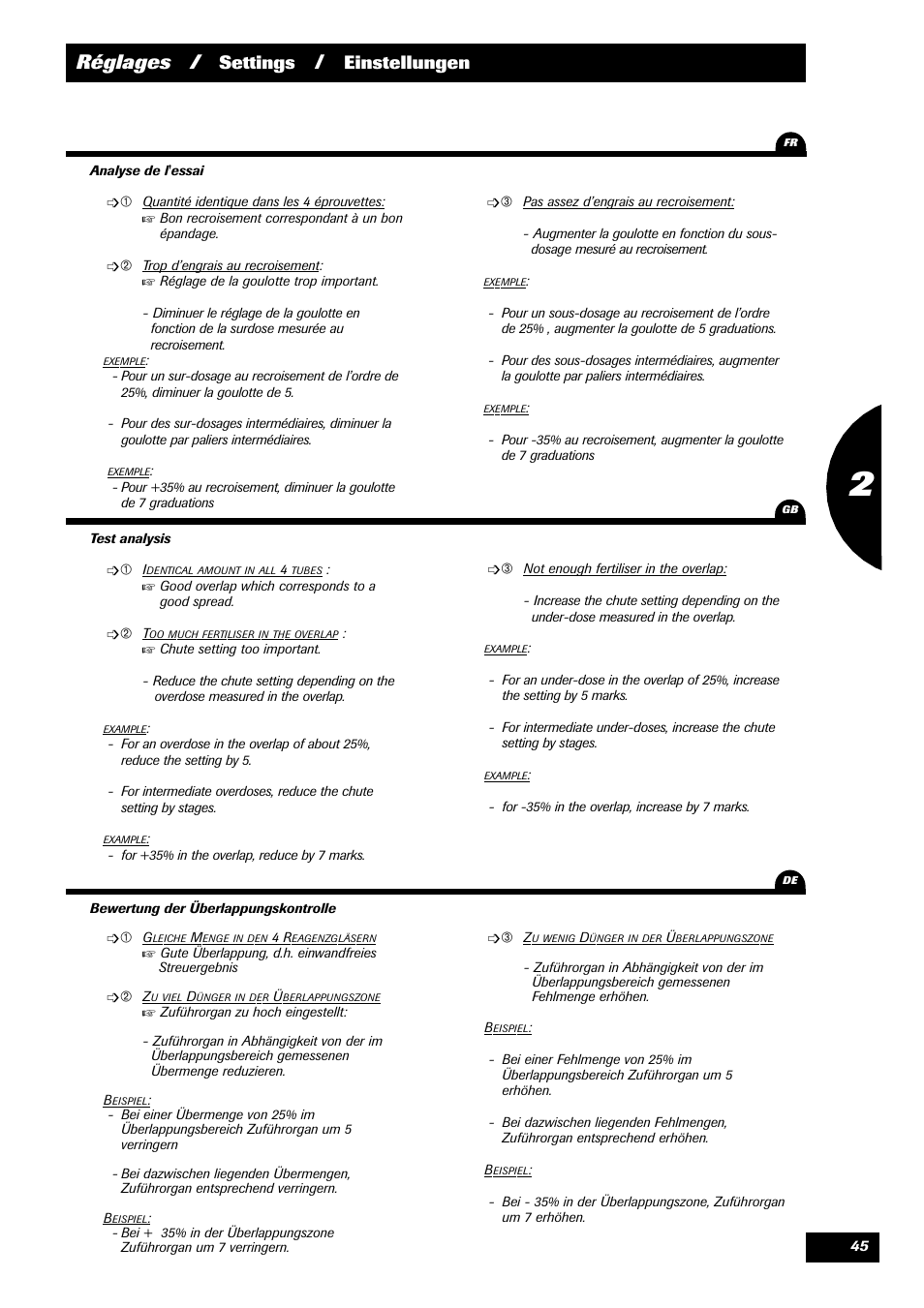 Réglages, Settings, Einstellungen | Sulky 70 years series DPX User Manual | Page 47 / 81