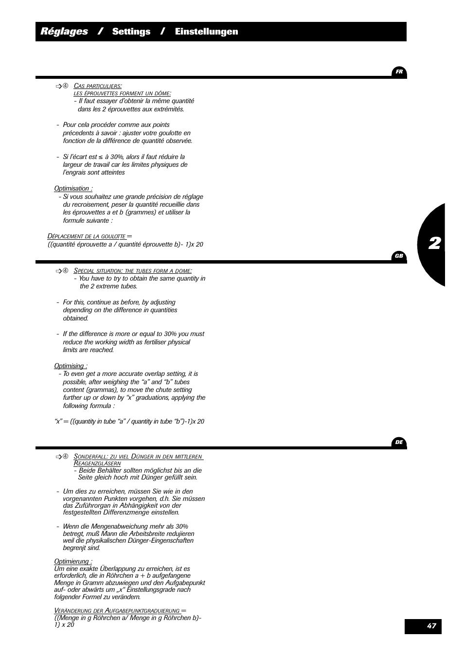 Réglages, Settings, Einstellungen | Sulky 70 years series DPX User Manual | Page 49 / 81
