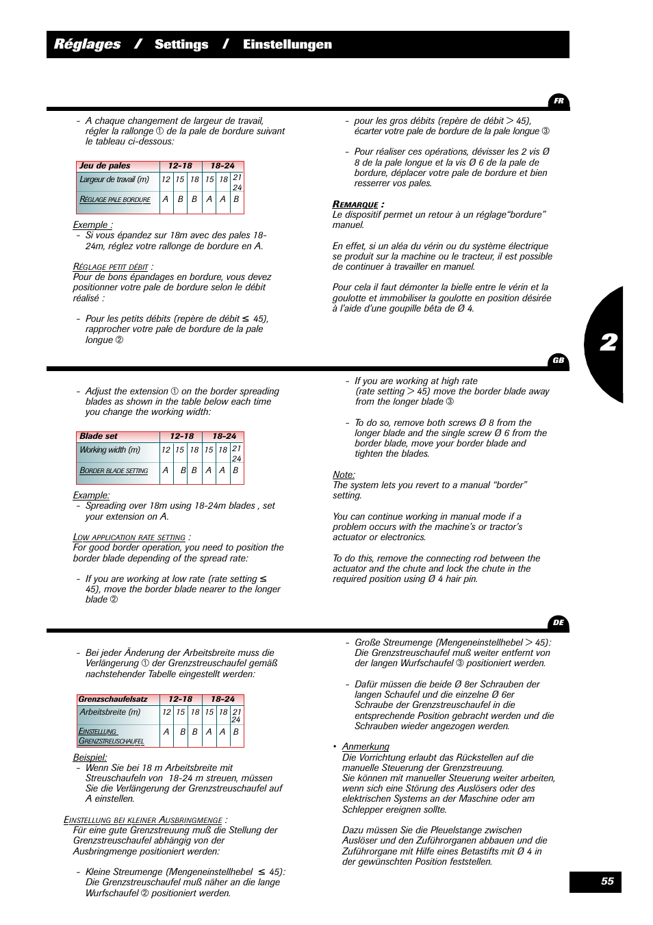 Réglages, Settings, Einstellungen | Sulky 70 years series DPX User Manual | Page 57 / 81