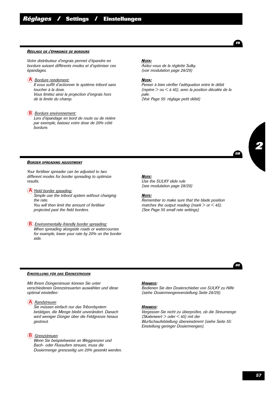 Réglages, Settings, Einstellungen | Sulky 70 years series DPX User Manual | Page 59 / 81