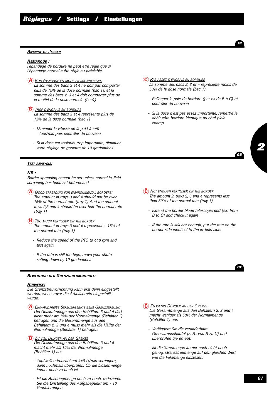 Réglages, Settings, Einstellungen | Sulky 70 years series DPX User Manual | Page 63 / 81