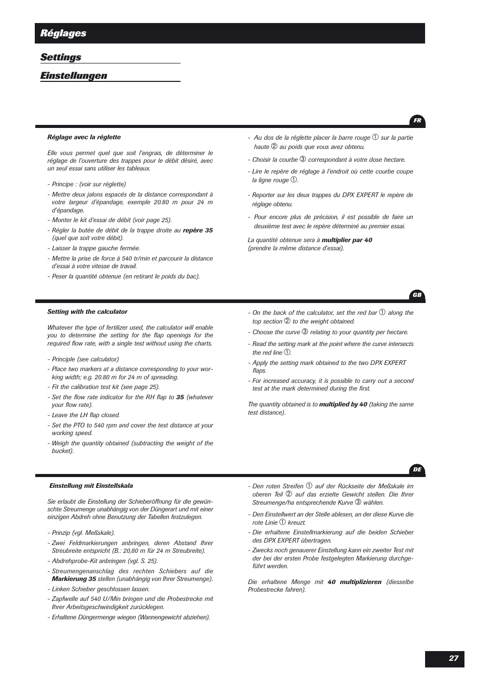 Réglages settings einstellungen | Sulky DPX Expert User Manual | Page 28 / 76