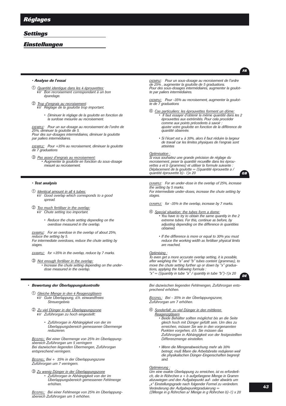 Réglages settings einstellungen | Sulky DPX Expert User Manual | Page 44 / 76