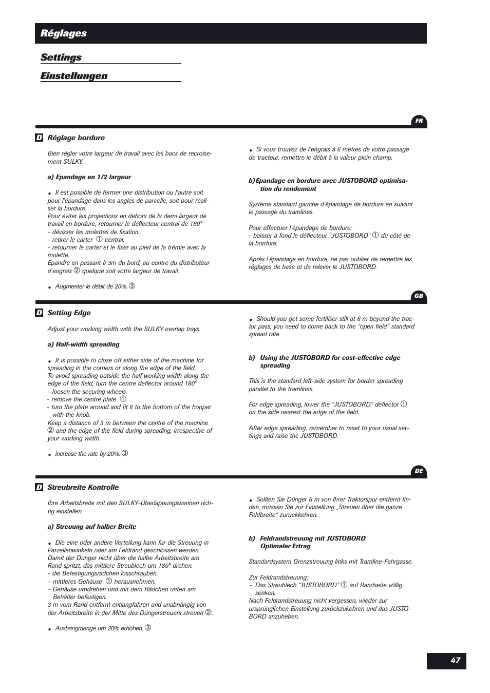 Réglages settings einstellungen | Sulky DPX Expert User Manual | Page 48 / 76