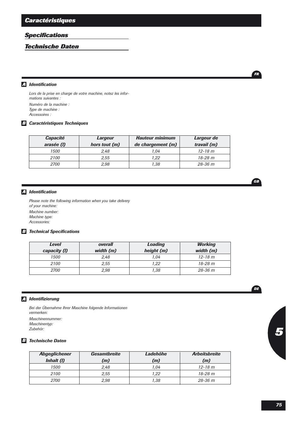 Caractéristiques specifications technische daten | Sulky DPX Expert User Manual | Page 76 / 76