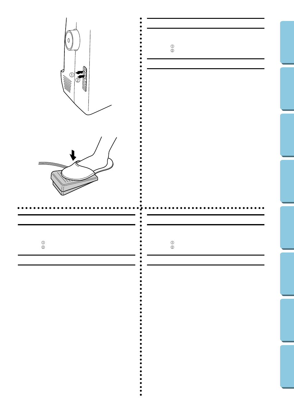 Main power and sewing light switches, Foot controller, Interruptor principal y de luz | Pedal, Interruttore principale e lampadina, Reostato a pedale | Brother XL5020 User Manual | Page 14 / 82