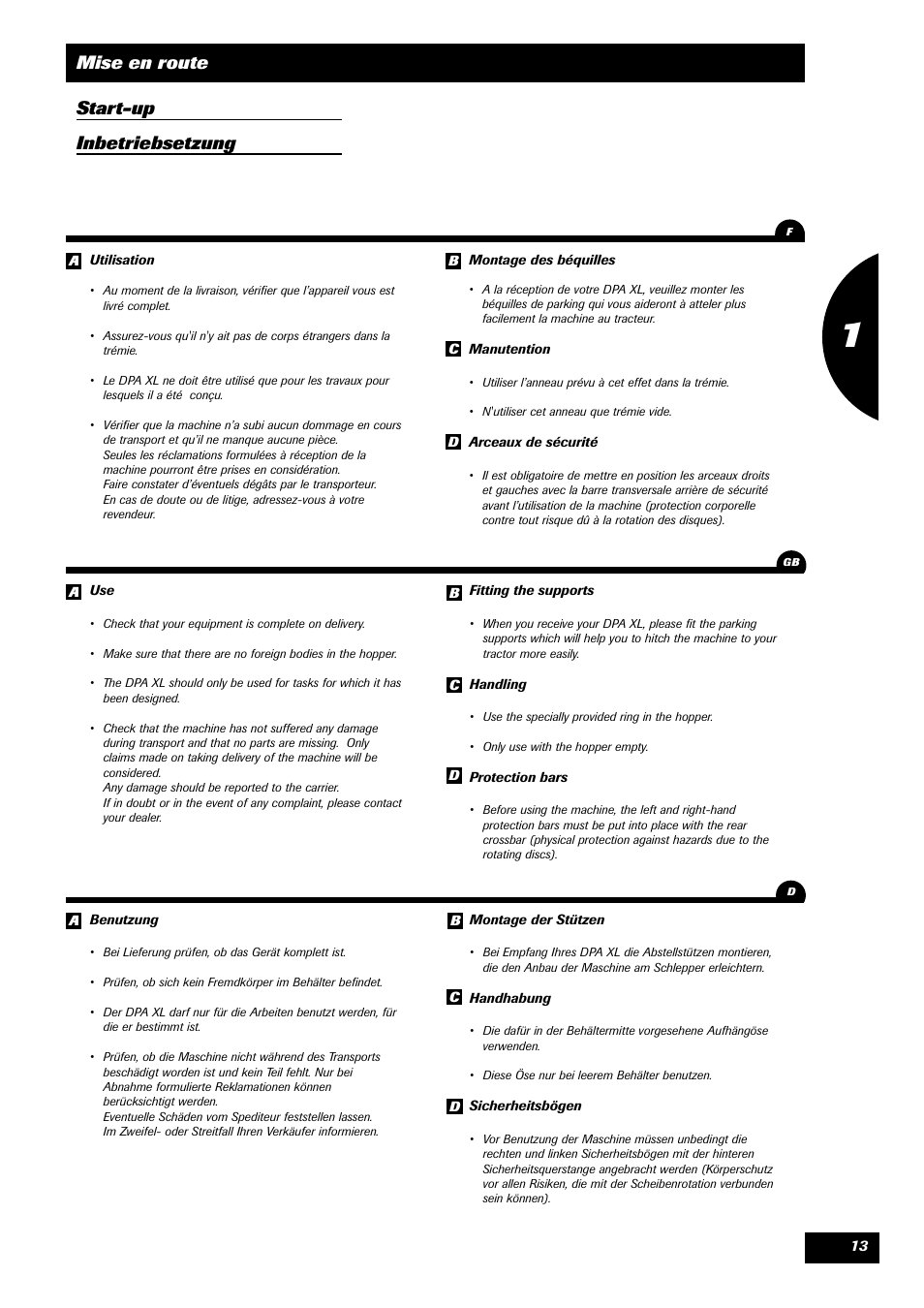 Mise en route start-up inbetriebsetzung | Sulky DPA - XL User Manual | Page 15 / 90