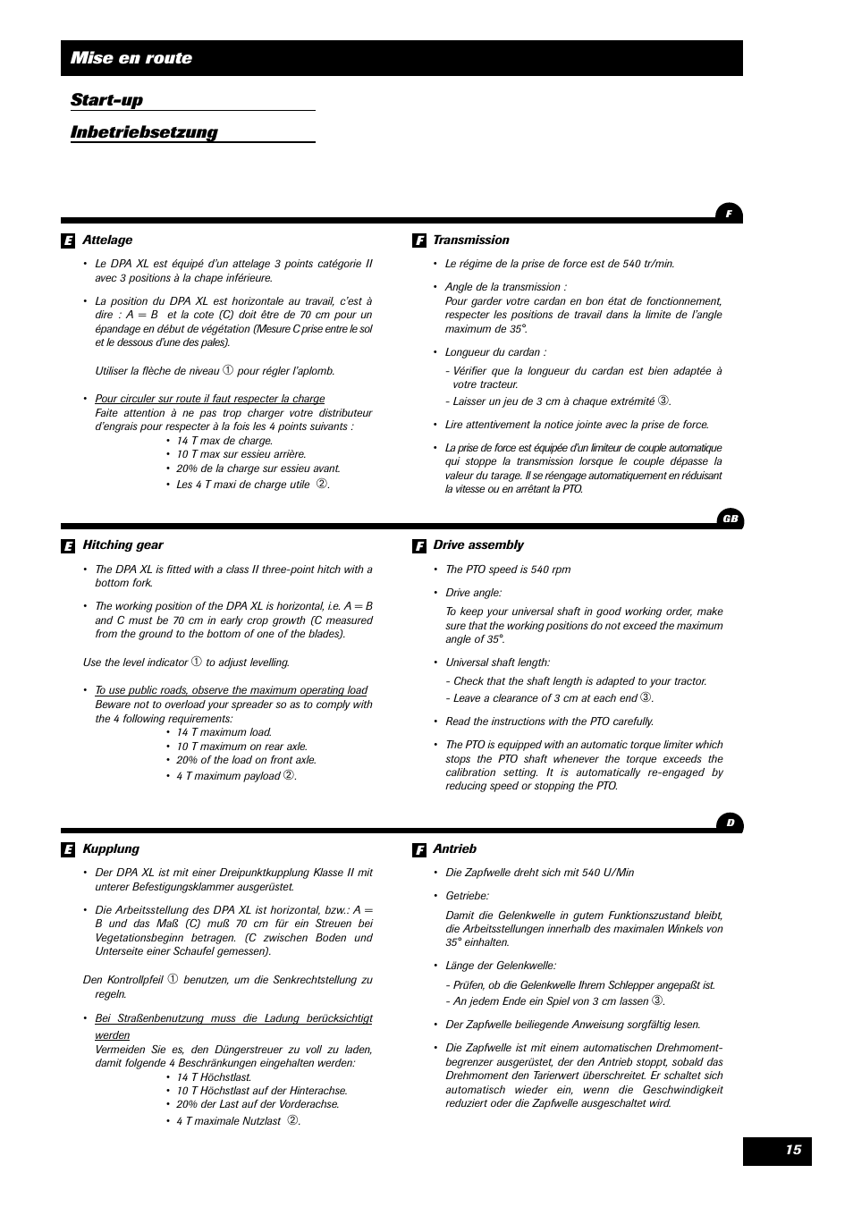 Mise en route start-up inbetriebsetzung | Sulky DPA - XL User Manual | Page 17 / 90