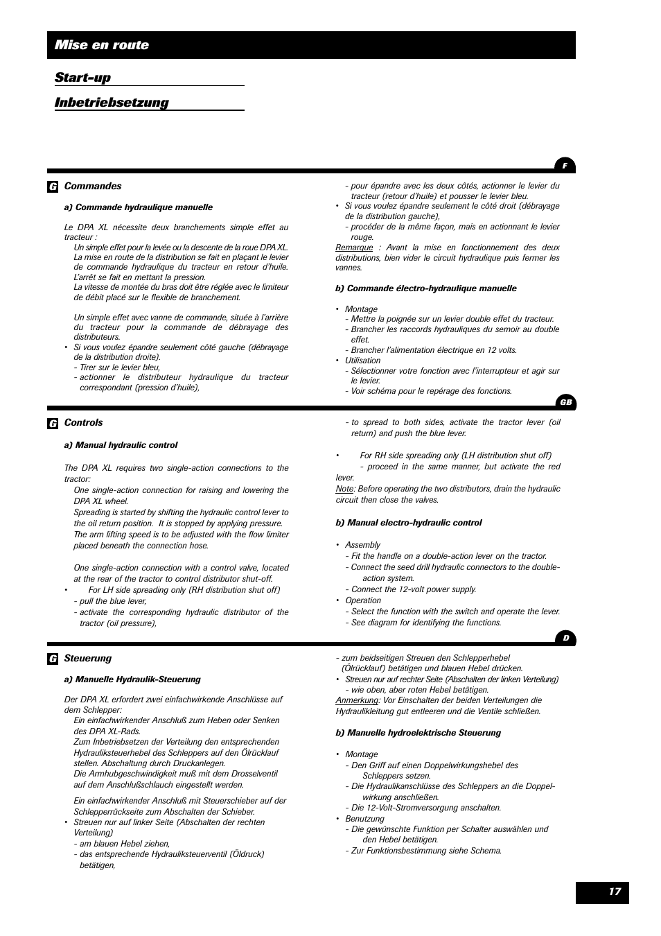 Mise en route start-up inbetriebsetzung | Sulky DPA - XL User Manual | Page 19 / 90