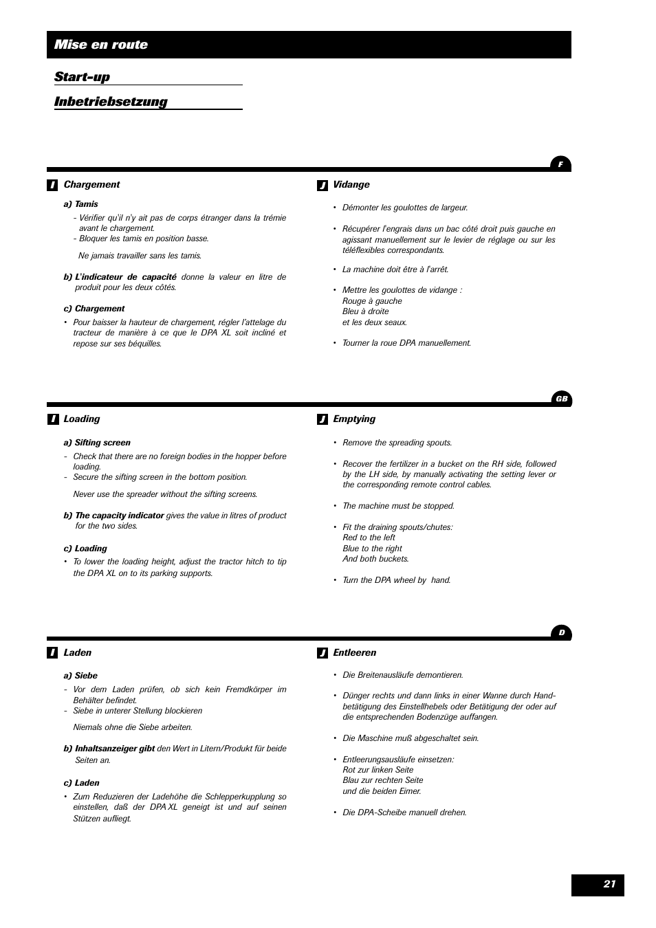 Mise en route start-up inbetriebsetzung | Sulky DPA - XL User Manual | Page 23 / 90