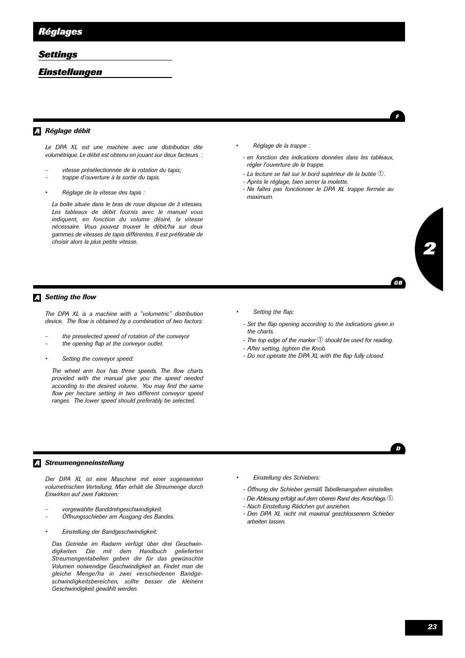 Réglages settings einstellungen | Sulky DPA - XL User Manual | Page 25 / 90