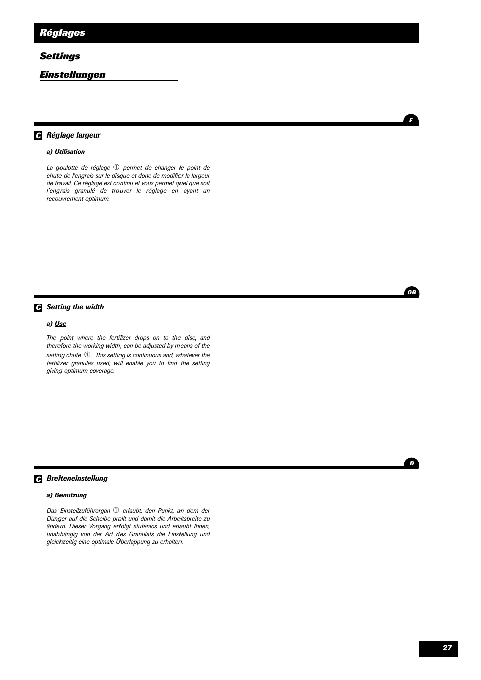 Réglages settings einstellungen | Sulky DPA - XL User Manual | Page 29 / 90