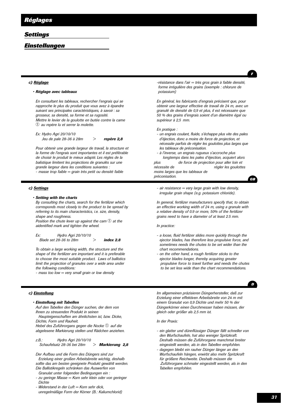 Réglages settings einstellungen | Sulky DPA - XL User Manual | Page 33 / 90