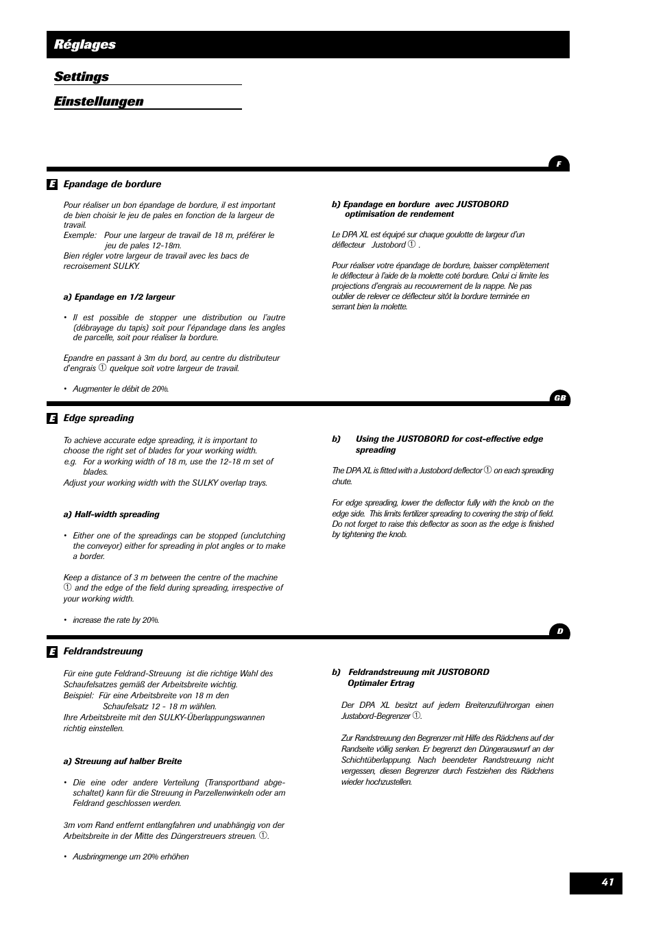 Réglages settings einstellungen | Sulky DPA - XL User Manual | Page 43 / 90