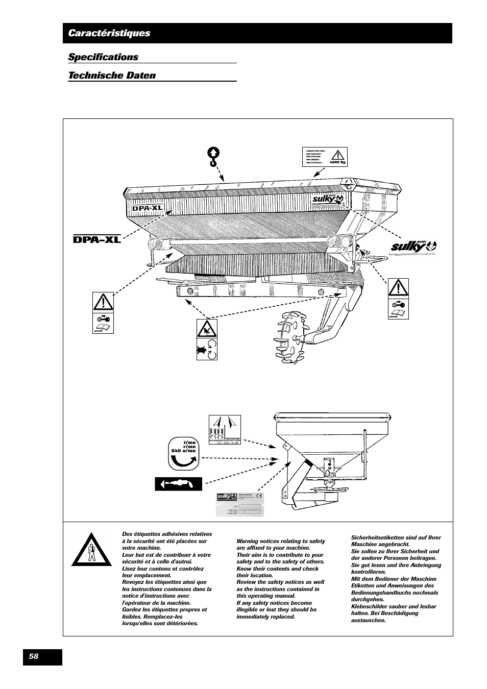 Caractéristiques specifications technische daten, Dpa-xl | Sulky DPA - XL User Manual | Page 60 / 90