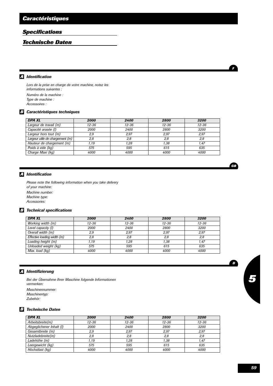 Caractéristiques specifications technische daten | Sulky DPA - XL User Manual | Page 61 / 90