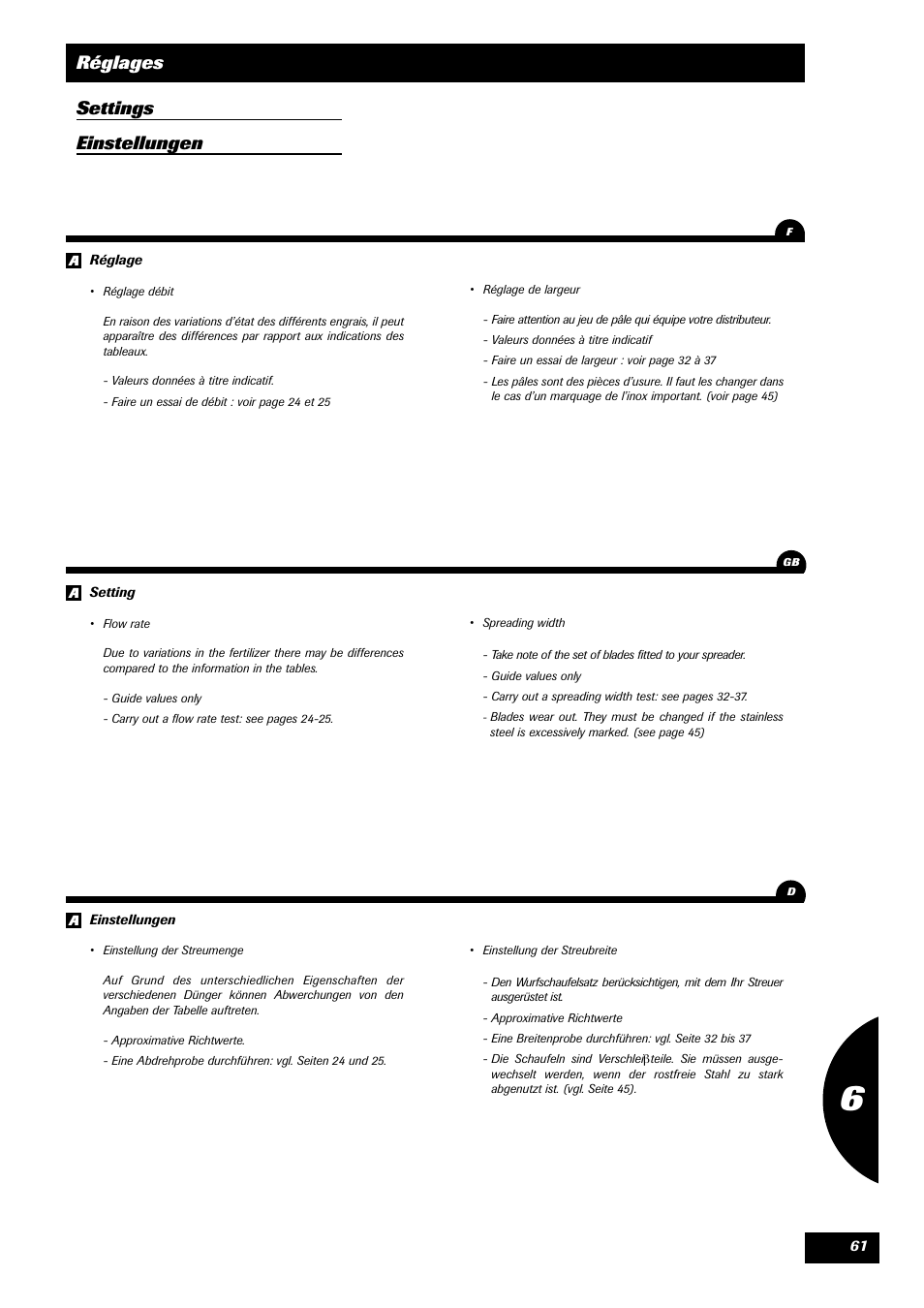 Réglages settings einstellungen | Sulky DPA - XL User Manual | Page 63 / 90