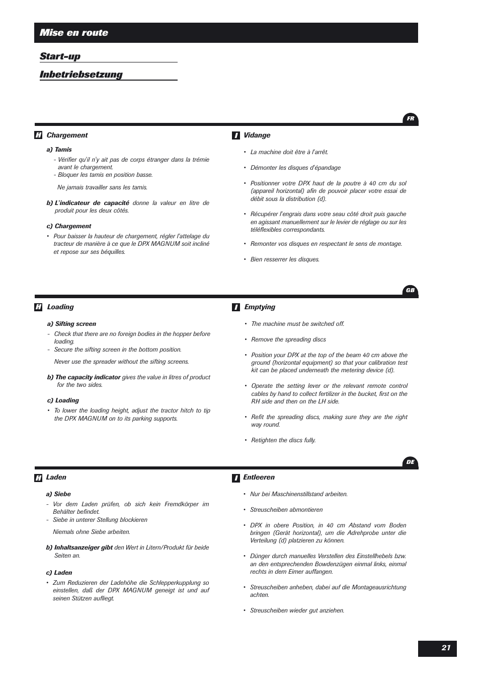 Mise en route start-up inbetriebsetzung | Sulky DPX User Manual | Page 22 / 76