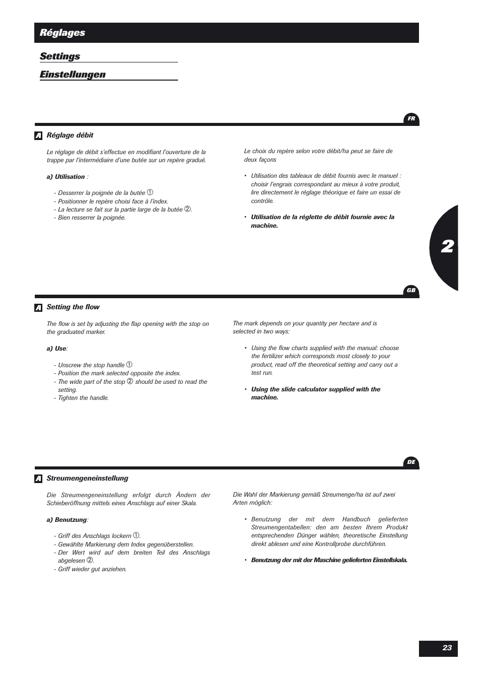 Réglages settings einstellungen | Sulky DPX User Manual | Page 24 / 76