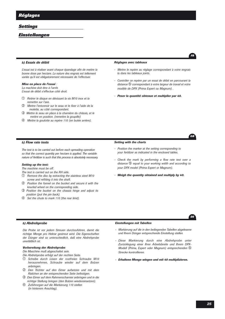 Réglages settings einstellungen | Sulky DPX User Manual | Page 26 / 76