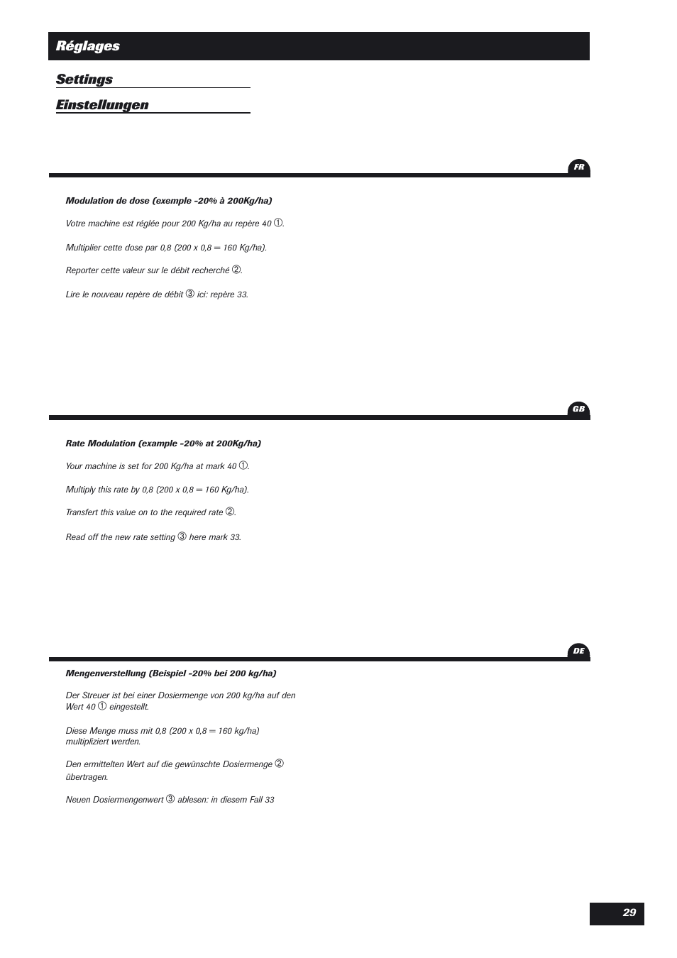 Réglages settings einstellungen | Sulky DPX User Manual | Page 30 / 76