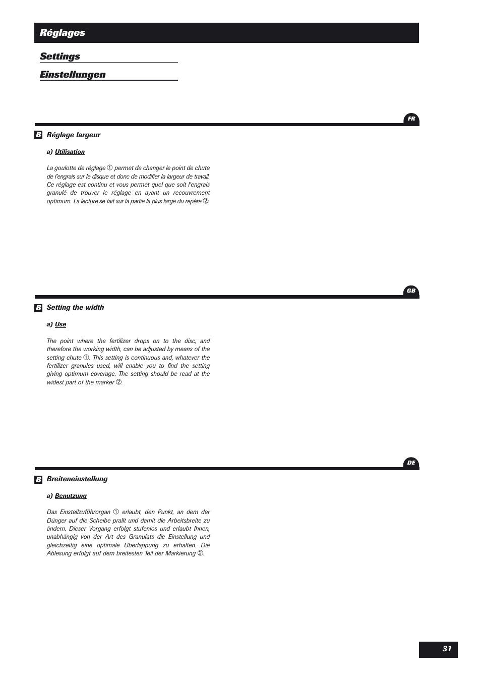 Réglages settings einstellungen | Sulky DPX User Manual | Page 32 / 76